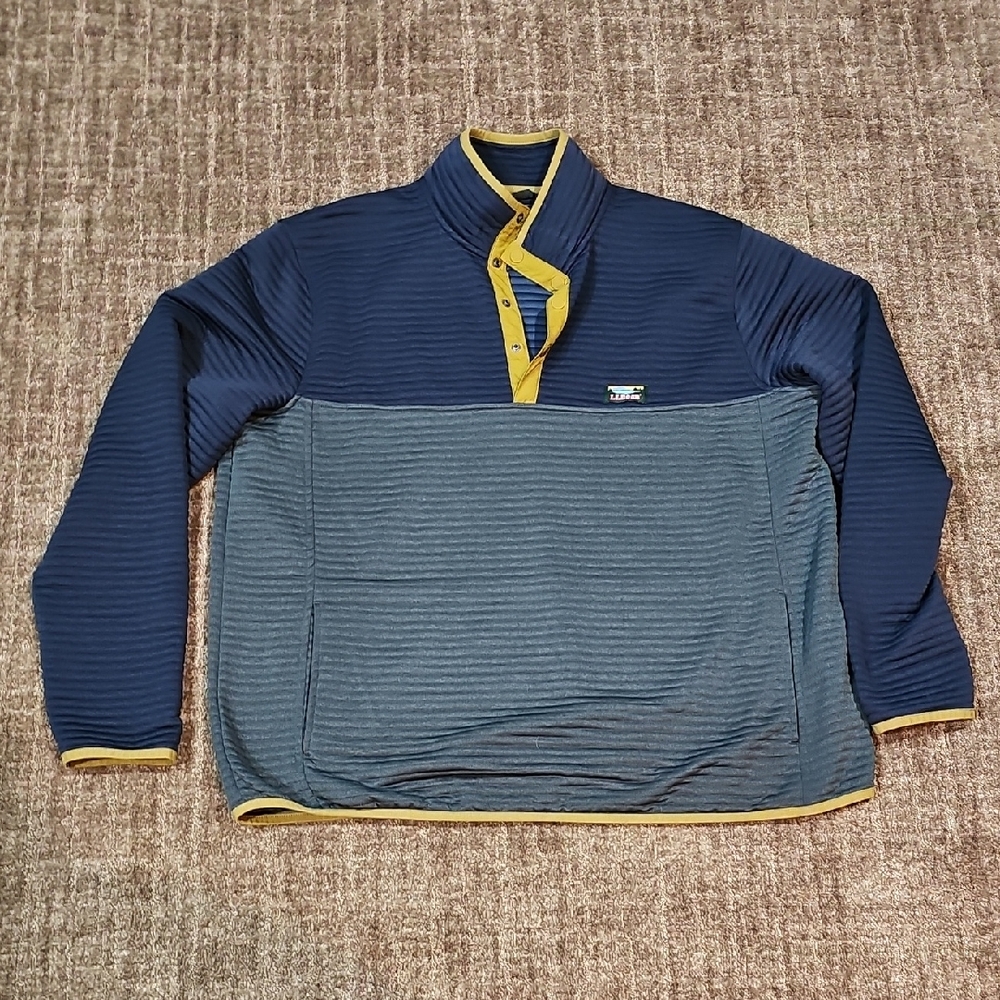 L.L. Bean Men's Blue and Gray Snap-Up Sweater with Yellow Trim